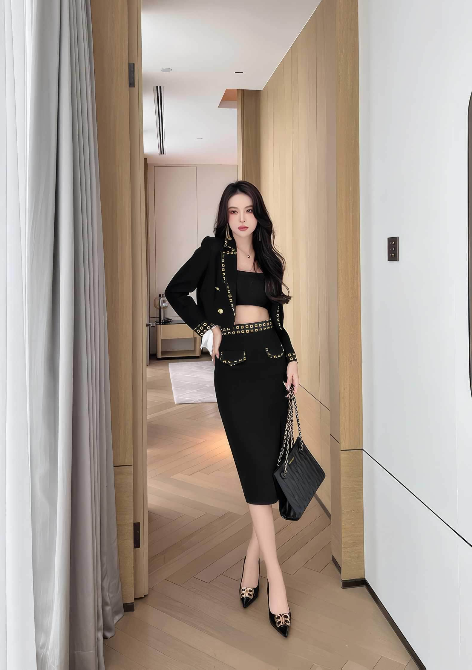 Two Piece Long Sleeve Blazer Skirt Set