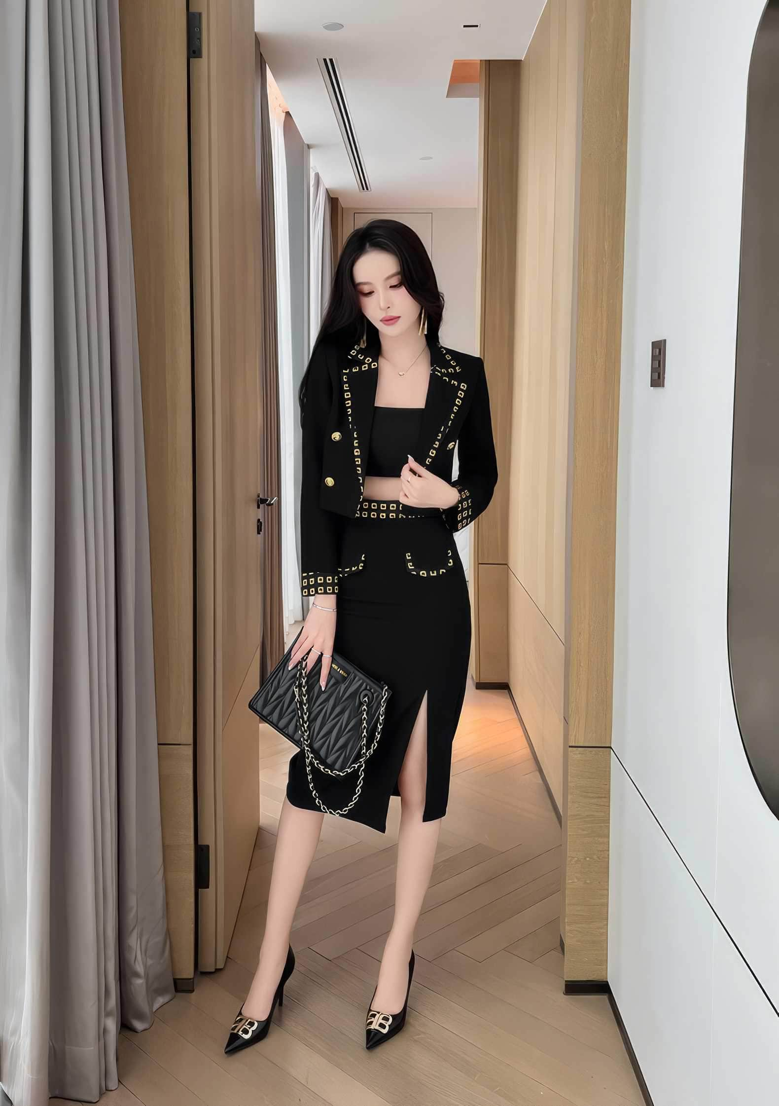 Two Piece Long Sleeve Blazer Skirt Set