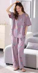 Two Piece Loungewear Bear Print Pajamas Set M / Plum