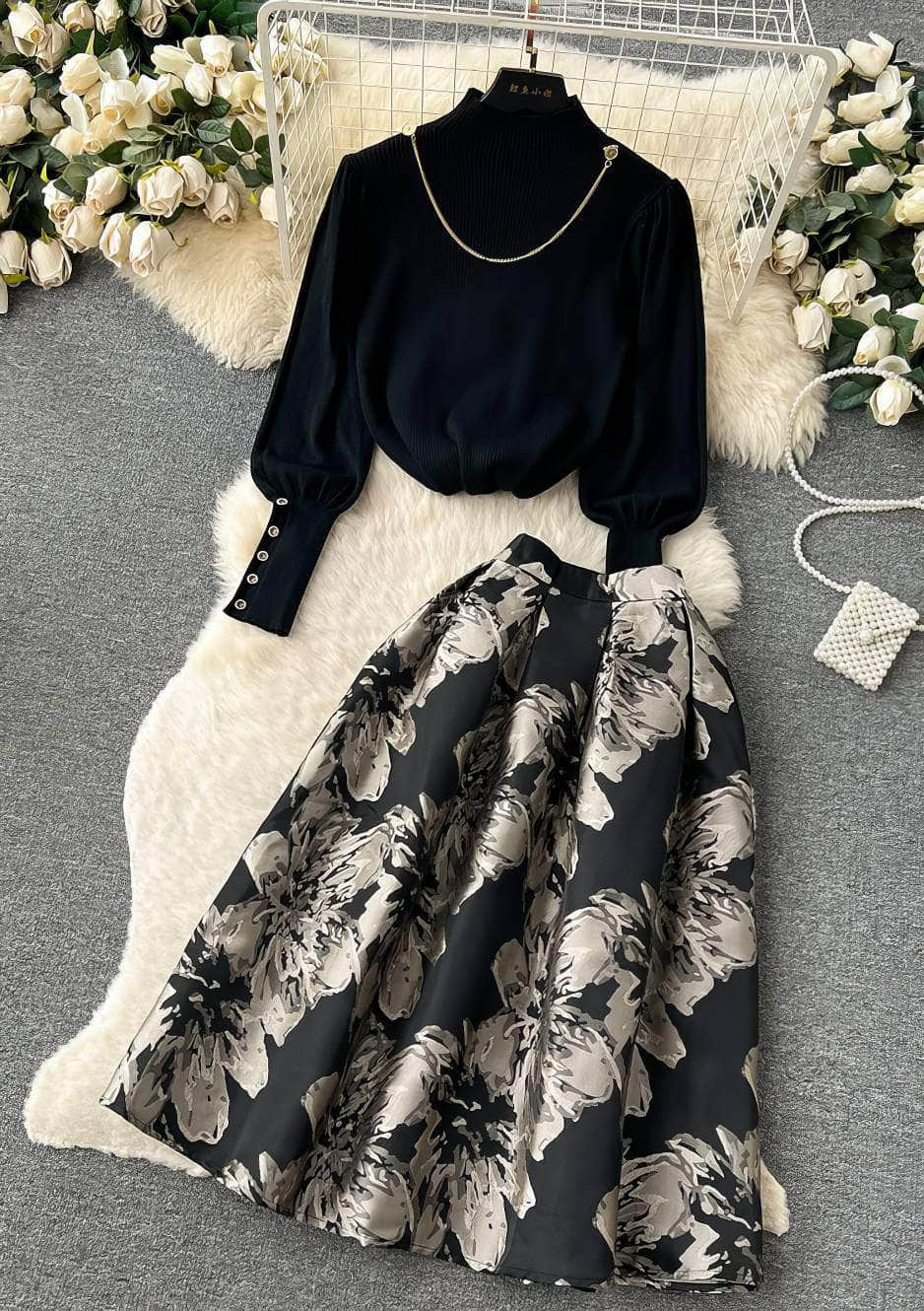 Two-Piece Mock Neck Lantern Sleeves Top Embroidered Skater Skirt