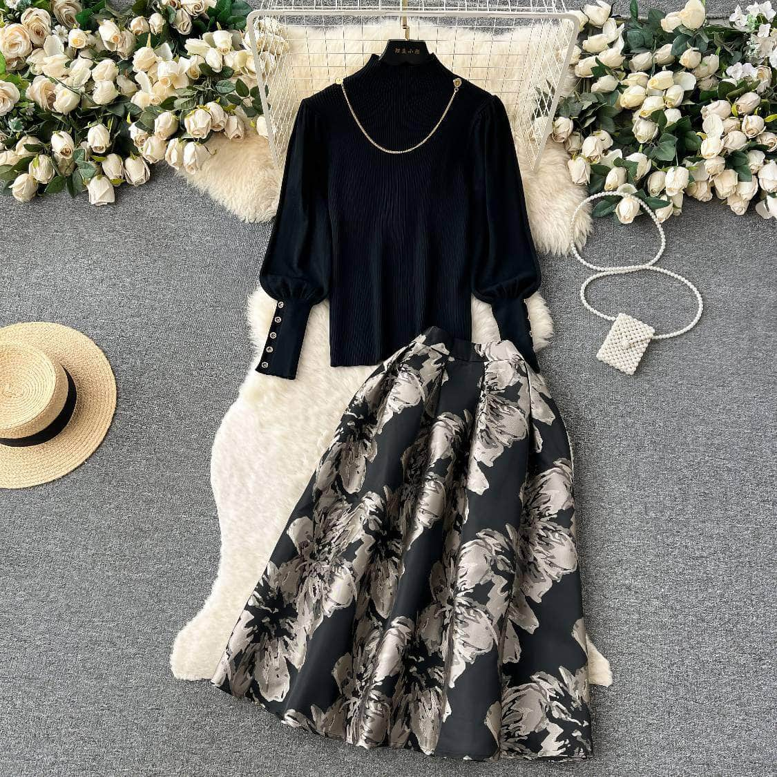 Two-Piece Mock Neck Lantern Sleeves Top Embroidered Skater Skirt