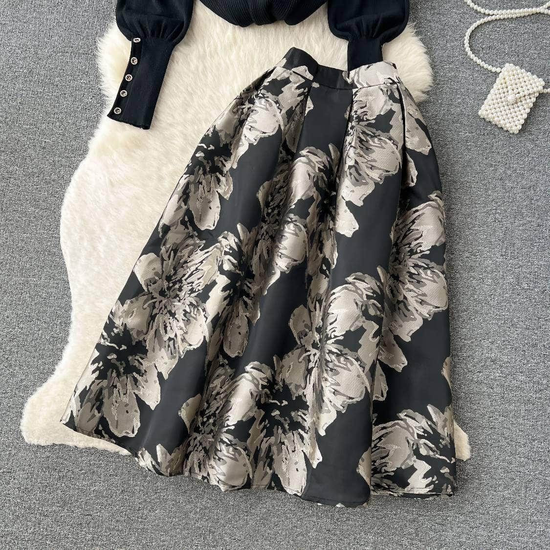 Two-Piece Mock Neck Lantern Sleeves Top Embroidered Skater Skirt