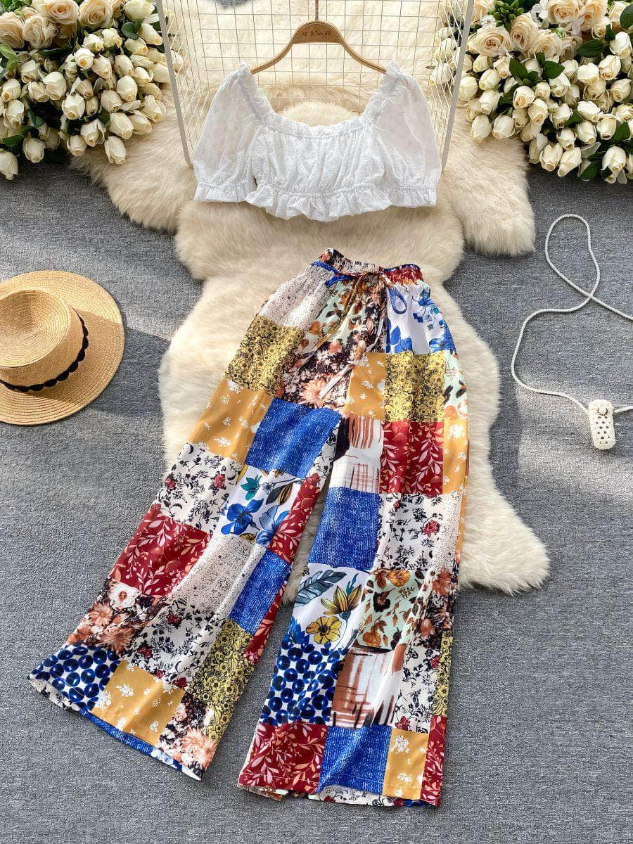 Two Piece Off Shoulder High Waist Patchwork Print Set