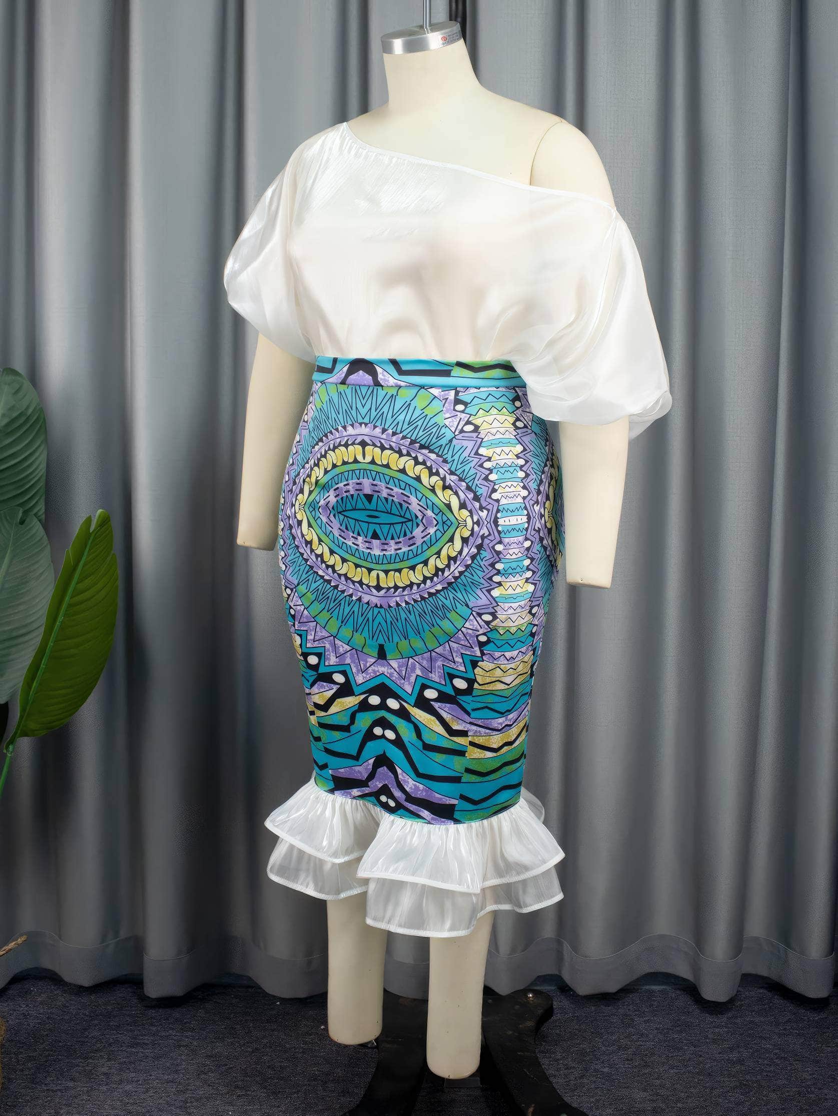 Two-Piece Off-Shoulder Mesh Blouse Patchwork Skirt