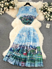 Two Piece Pleated Floral Print High Waist Skirt M / Hippie