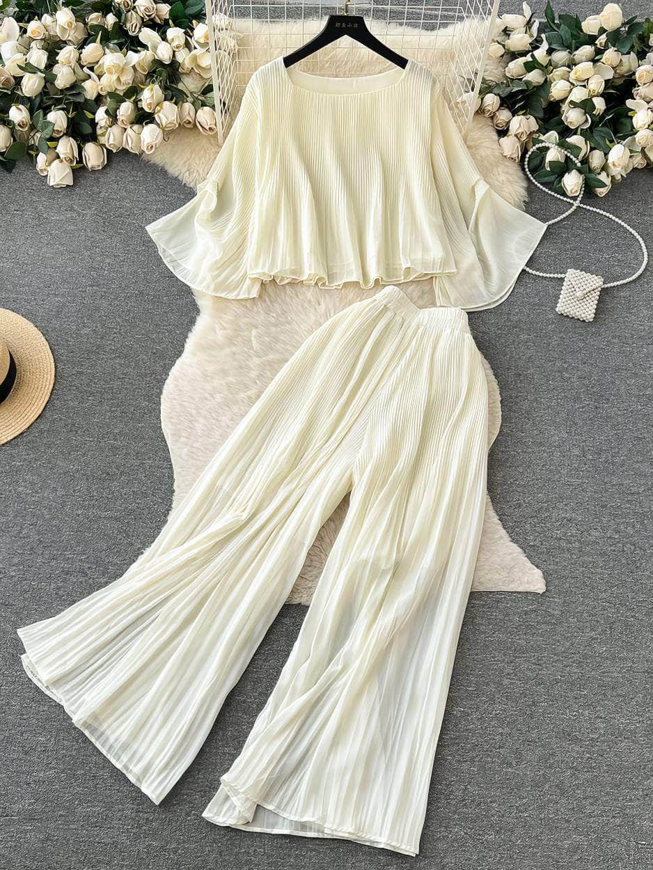 Two-Piece Pleated Flounce Sleeves Top with High Waist Flared Pants MAX SIZE / Ivory