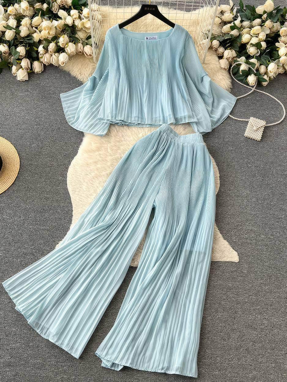 Two-Piece Pleated Flounce Sleeves Top with High Waist Flared Pants MAX SIZE / LightSkyBlue