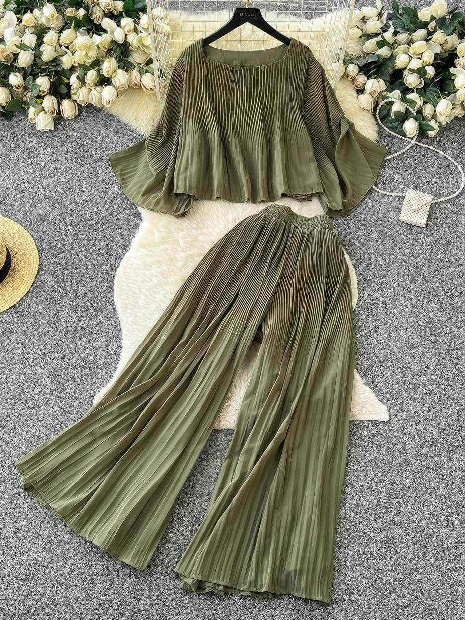 Two-Piece Pleated Flounce Sleeves Top with High Waist Flared Pants MAX SIZE / SeaGreen