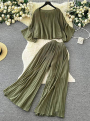 Two-Piece Pleated Flounce Sleeves Top with High Waist Flared Pants MAX SIZE / SeaGreen