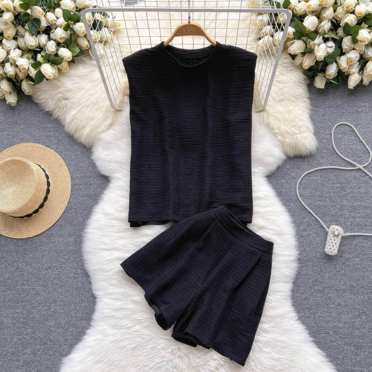 Two-Piece Pleated Sleeveless Top with Shorts