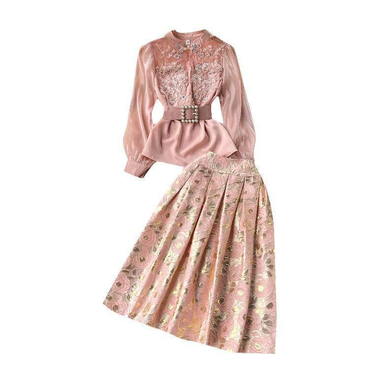 Two-Piece Rhinestone Mesh Top Floral Pleated Midi Skirt