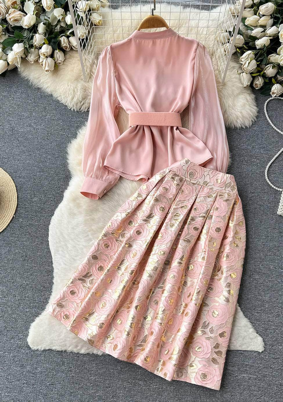 Two-Piece Rhinestone Mesh Top Floral Pleated Midi Skirt