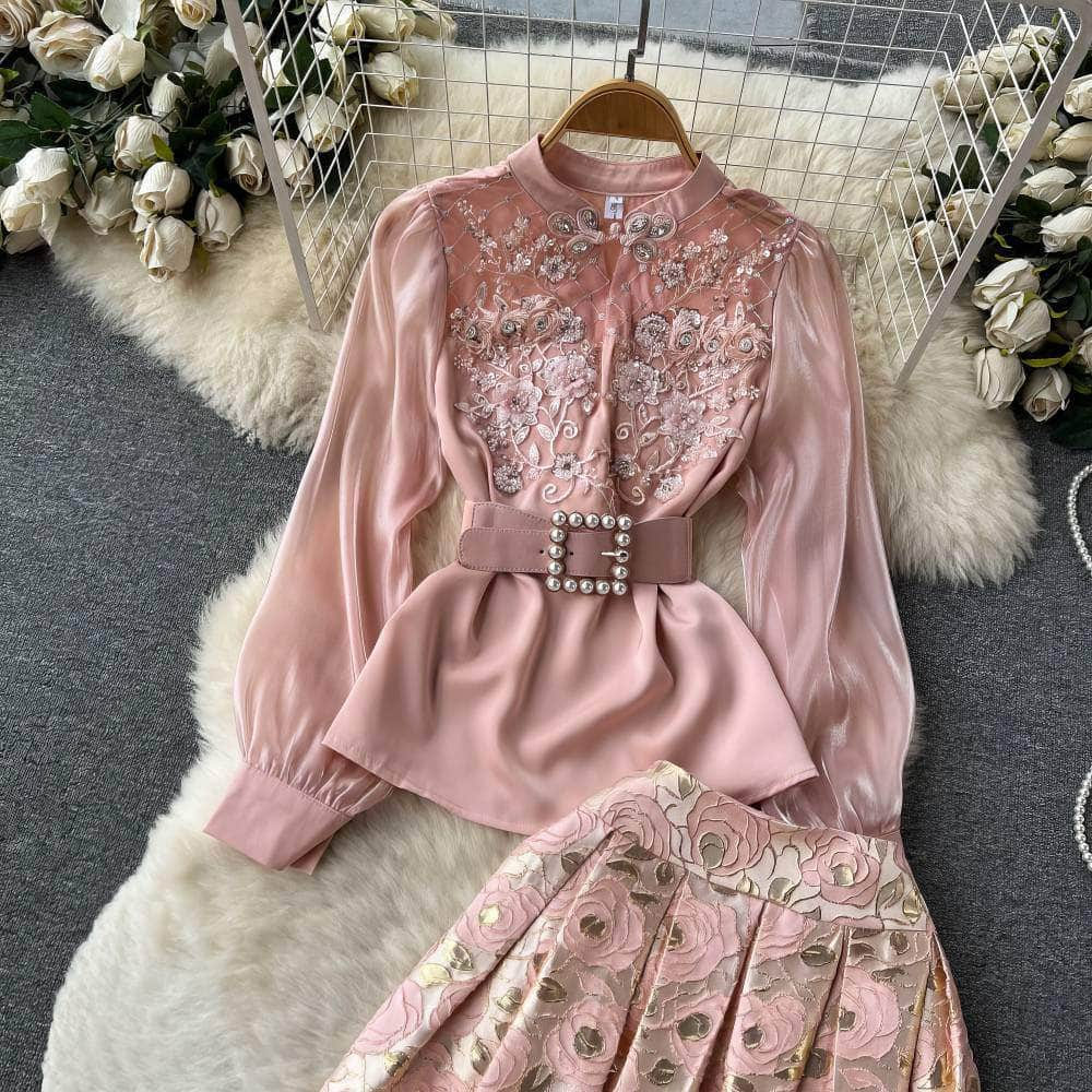 Two-Piece Rhinestone Mesh Top Floral Pleated Midi Skirt