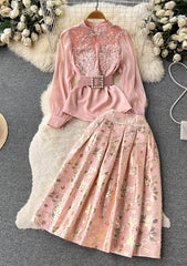 Two-Piece Rhinestone Mesh Top Floral Pleated Midi Skirt S / Pink / With Belt