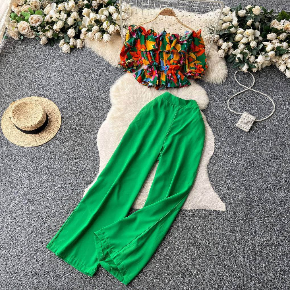 Two-Piece Ruffled Floral Blouse High Waist Maxi Pants