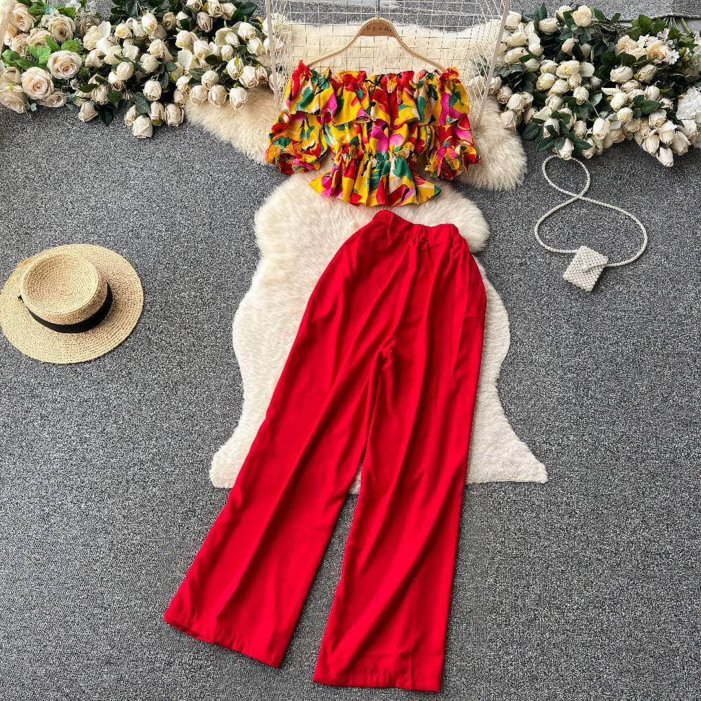 Two-Piece Ruffled Floral Blouse High Waist Maxi Pants