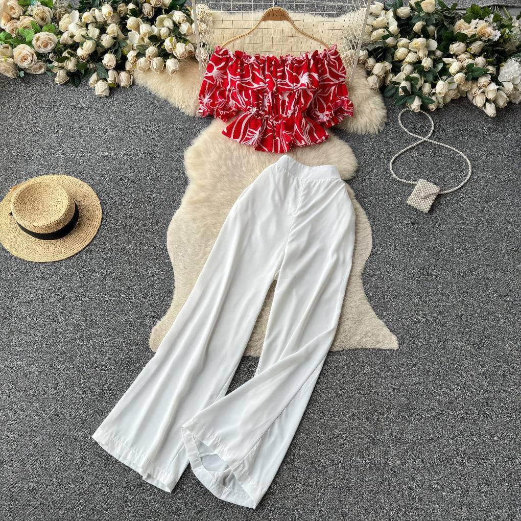 Two-Piece Ruffled Floral Blouse High Waist Maxi Pants