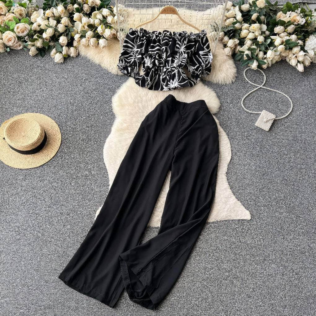 Two-Piece Ruffled Floral Blouse High Waist Maxi Pants MAX SIZE / Black