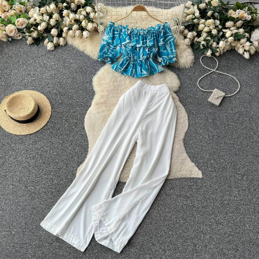 Two-Piece Ruffled Floral Blouse High Waist Maxi Pants MAX SIZE / Blue