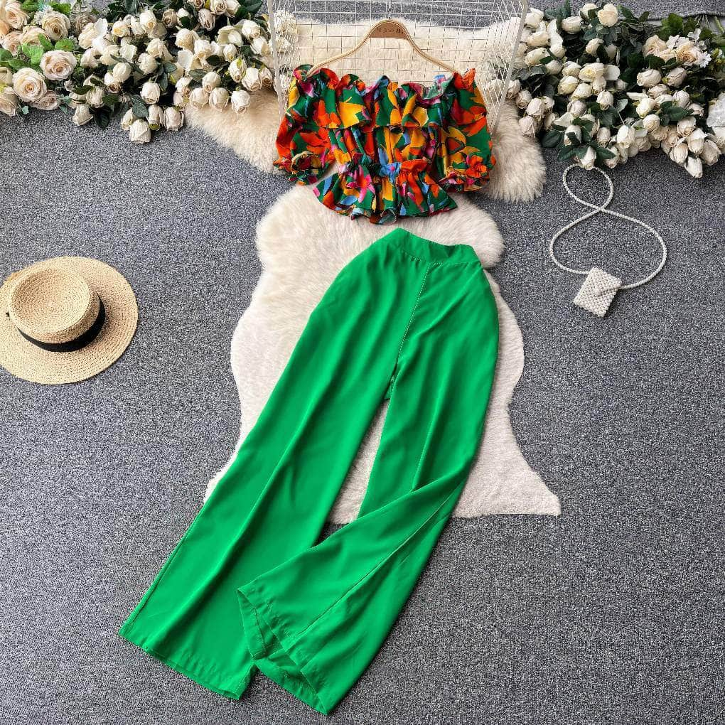 Two-Piece Ruffled Floral Blouse High Waist Maxi Pants MAX SIZE / Green