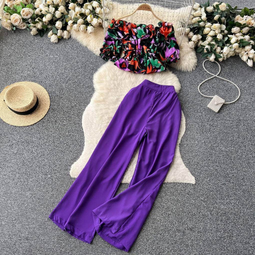 Two-Piece Ruffled Floral Blouse High Waist Maxi Pants MAX SIZE / Purple