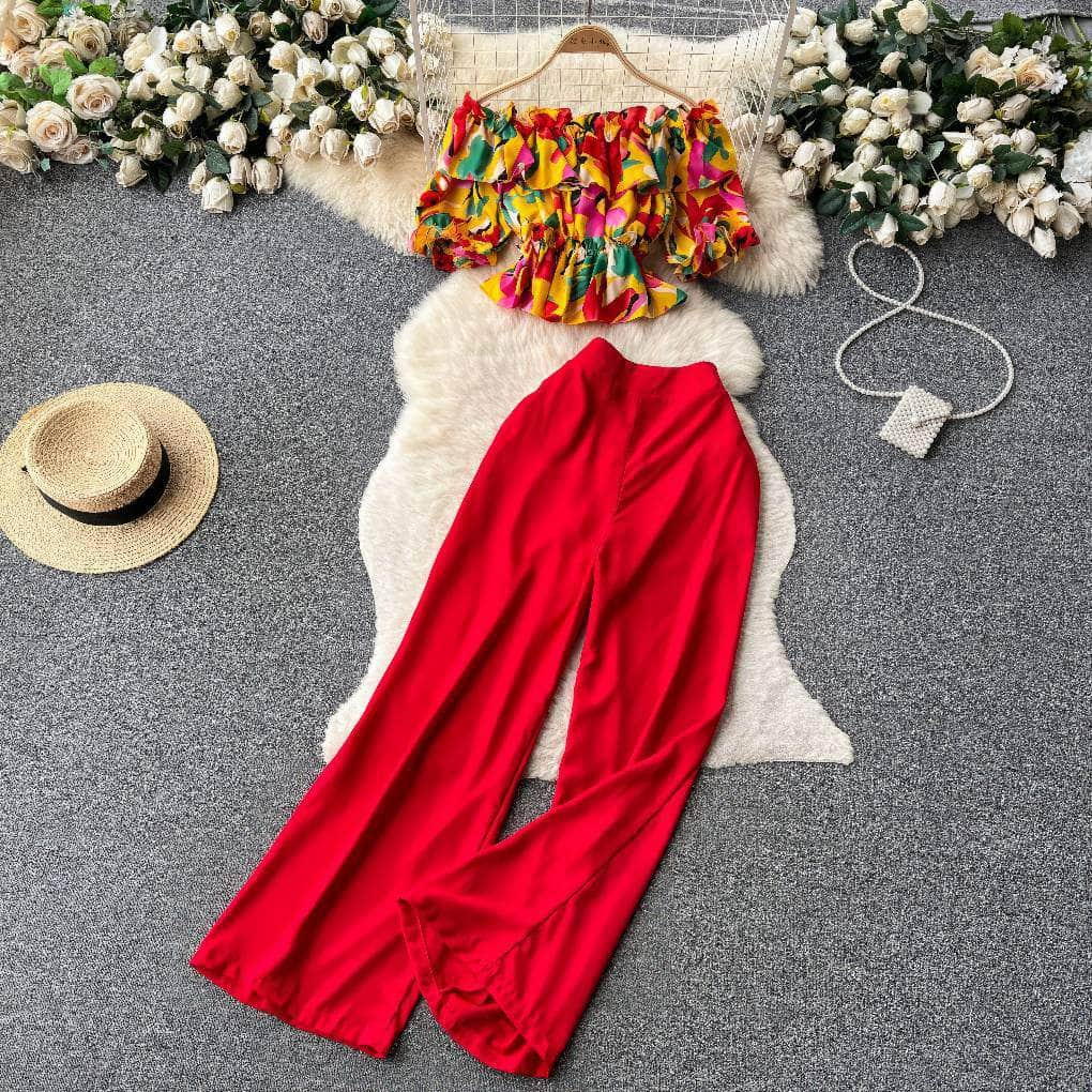 Two-Piece Ruffled Floral Blouse High Waist Maxi Pants MAX SIZE / Red