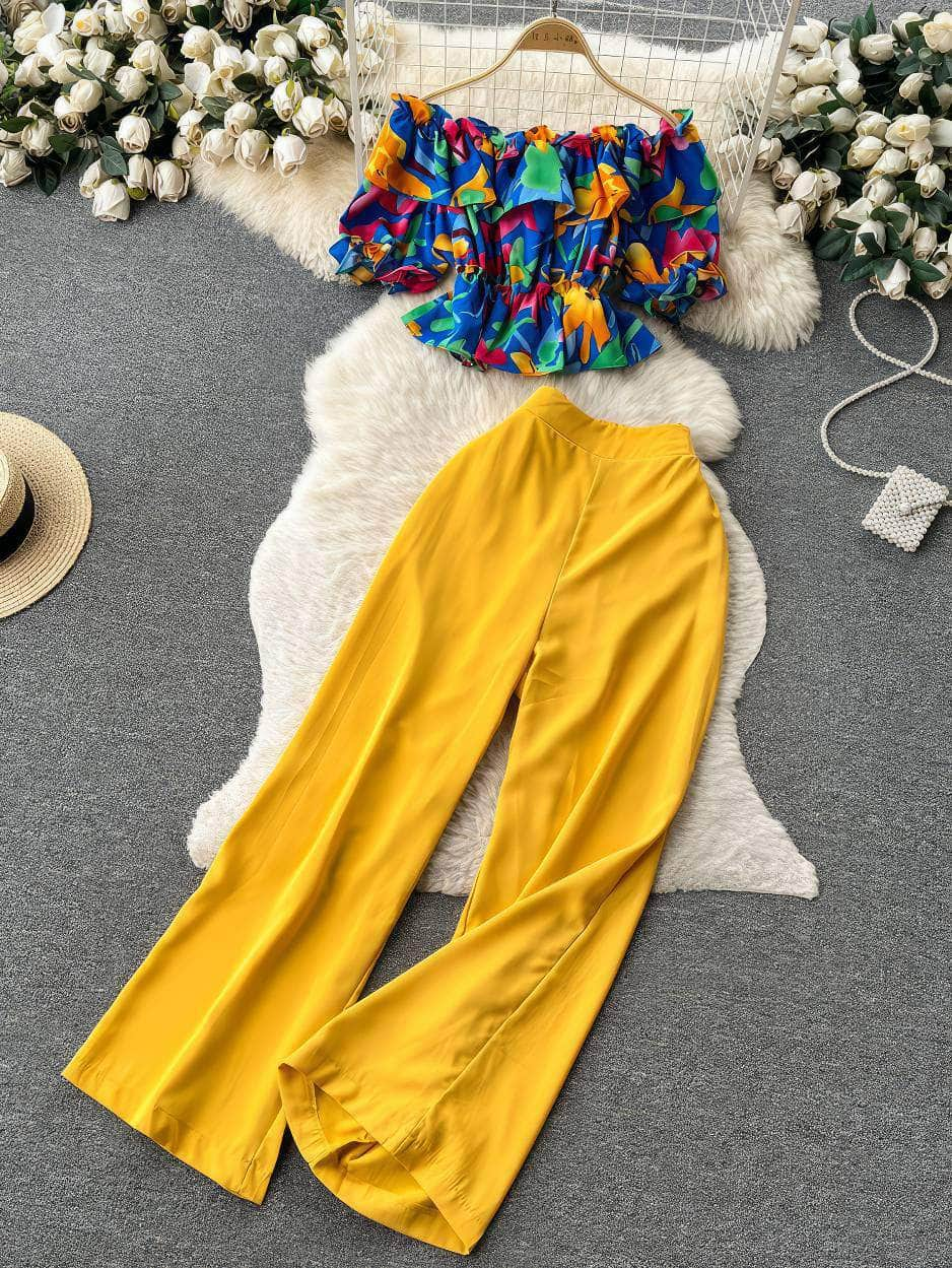 Two-Piece Ruffled Floral Blouse High Waist Maxi Pants MAX SIZE / Yellow