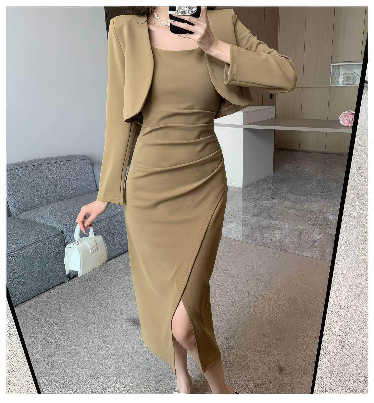 Two-Piece Short Jacket Front Slit Dress