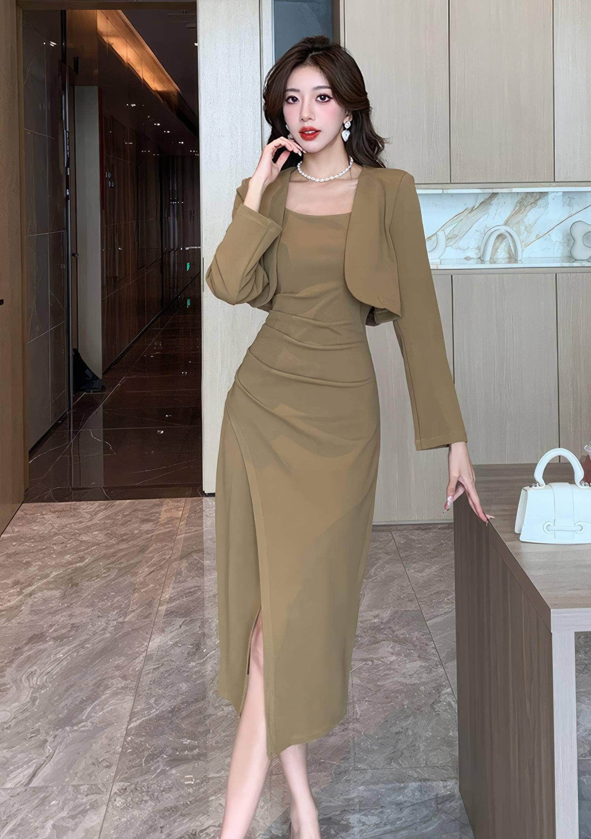 Two-Piece Short Jacket Front Slit Dress S / Tan