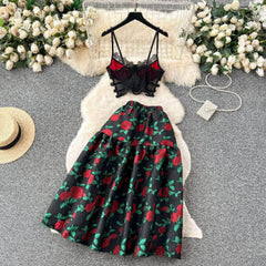 Two Piece Spaghetti Strap Corset Floral Jacquard Skirt