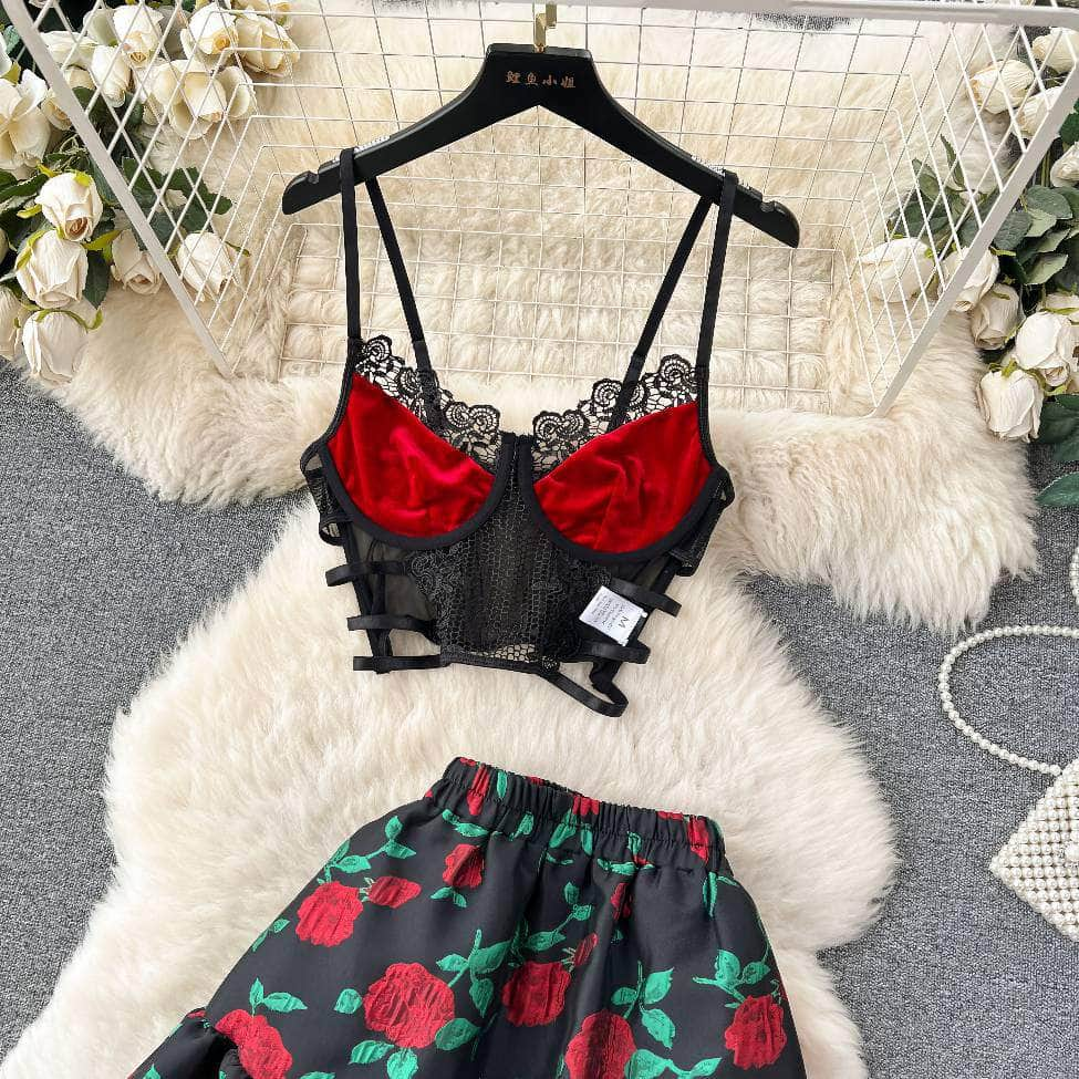 Two Piece Spaghetti Strap Corset Floral Jacquard Skirt