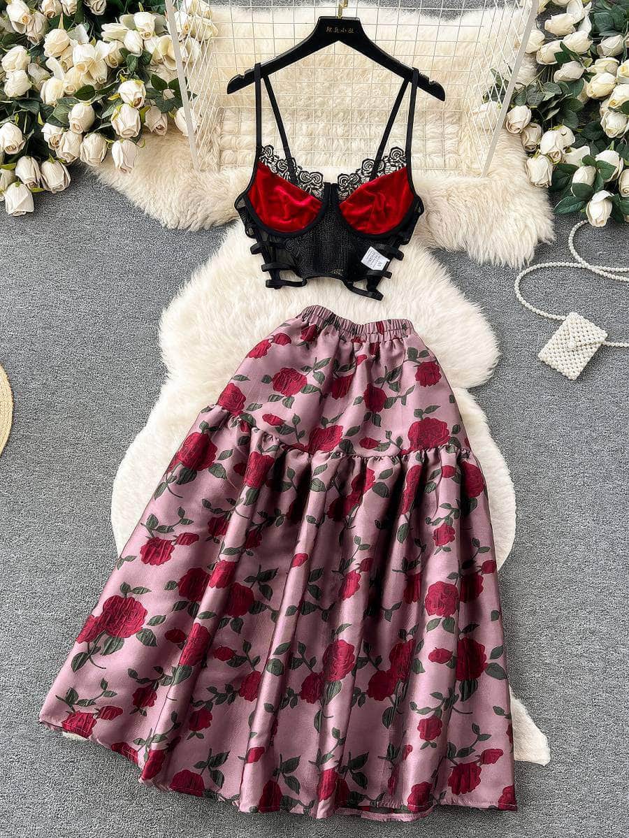 Two Piece Spaghetti Strap Corset Floral Jacquard Skirt S / Red