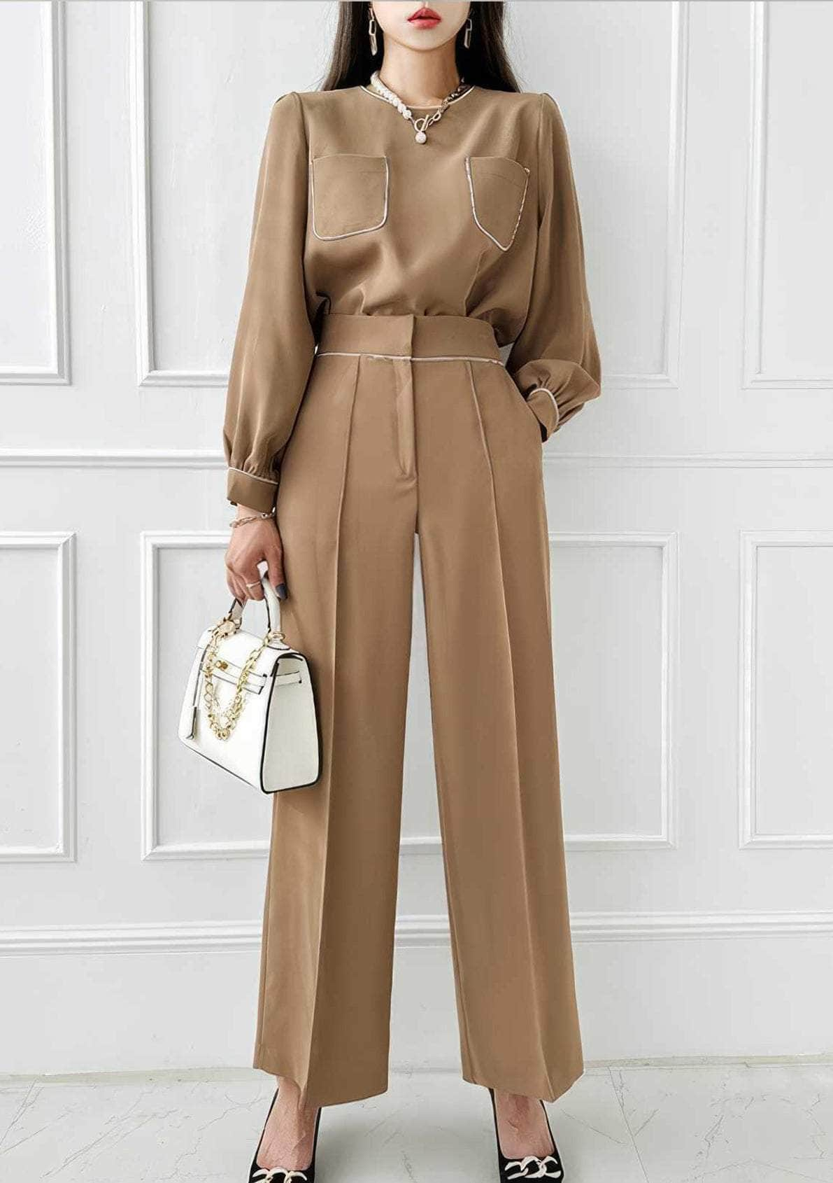 Two-Piece Tailored Pocket Shirt with Wide-Leg Pants