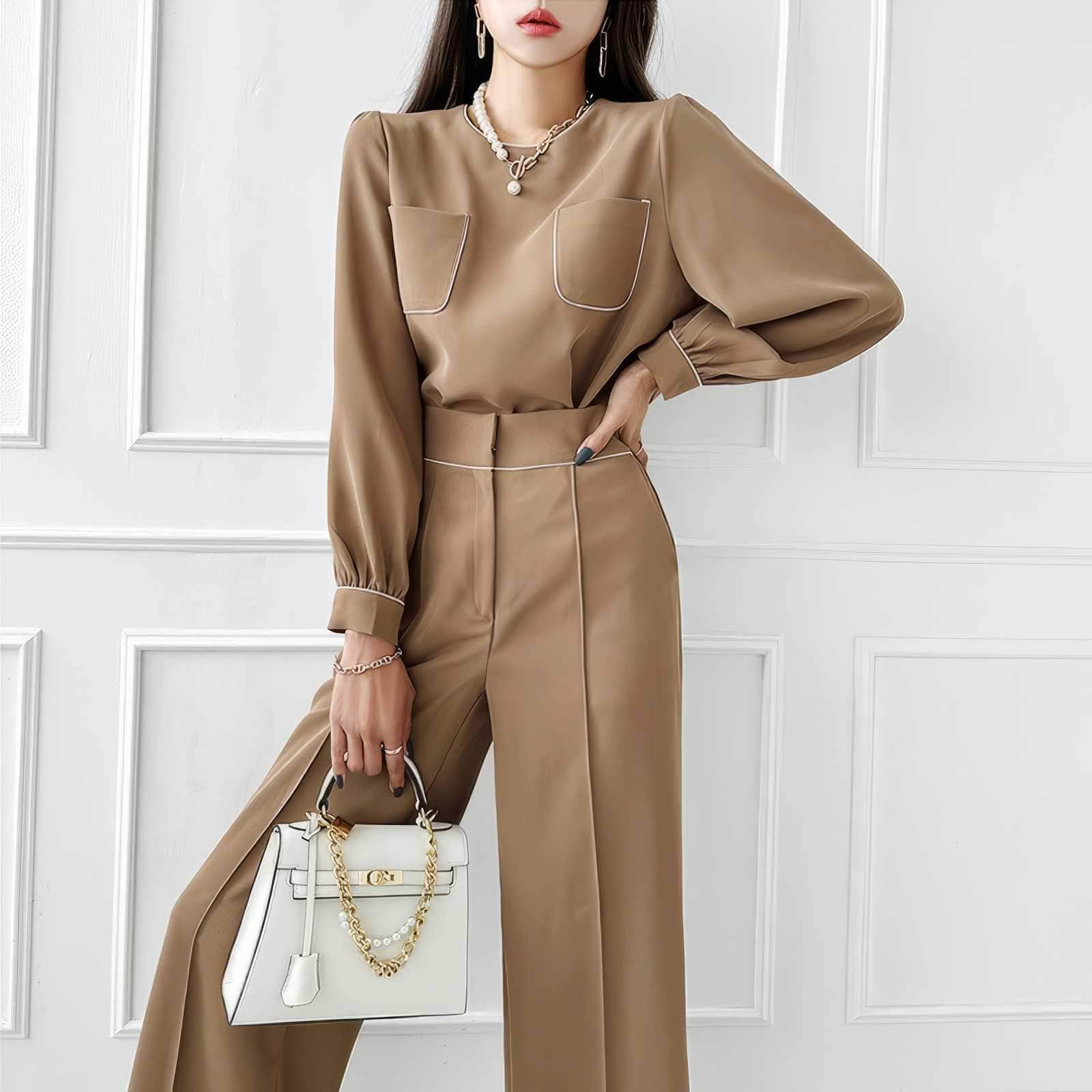 Two-Piece Tailored Pocket Shirt with Wide-Leg Pants