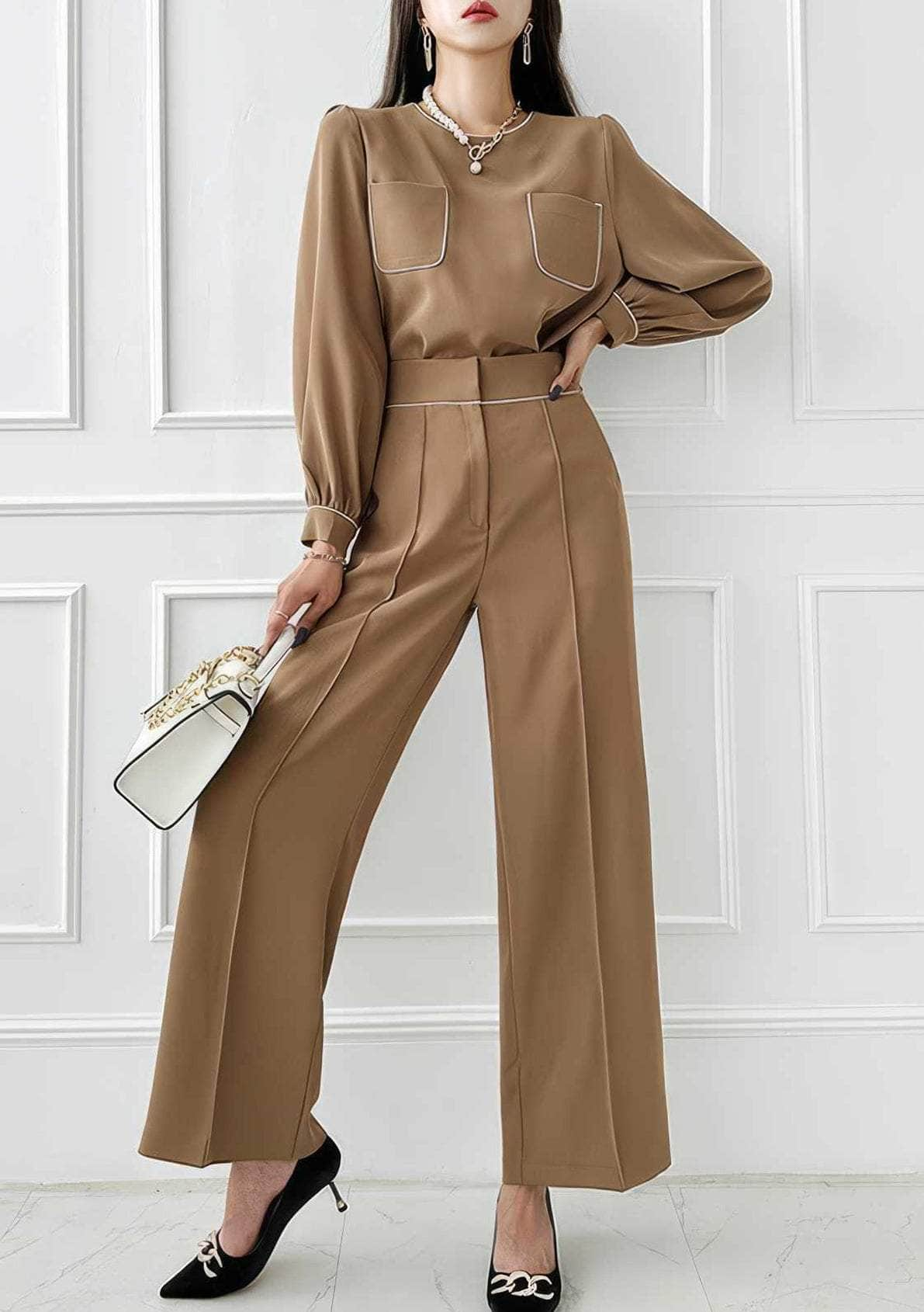 Two-Piece Tailored Pocket Shirt with Wide-Leg Pants