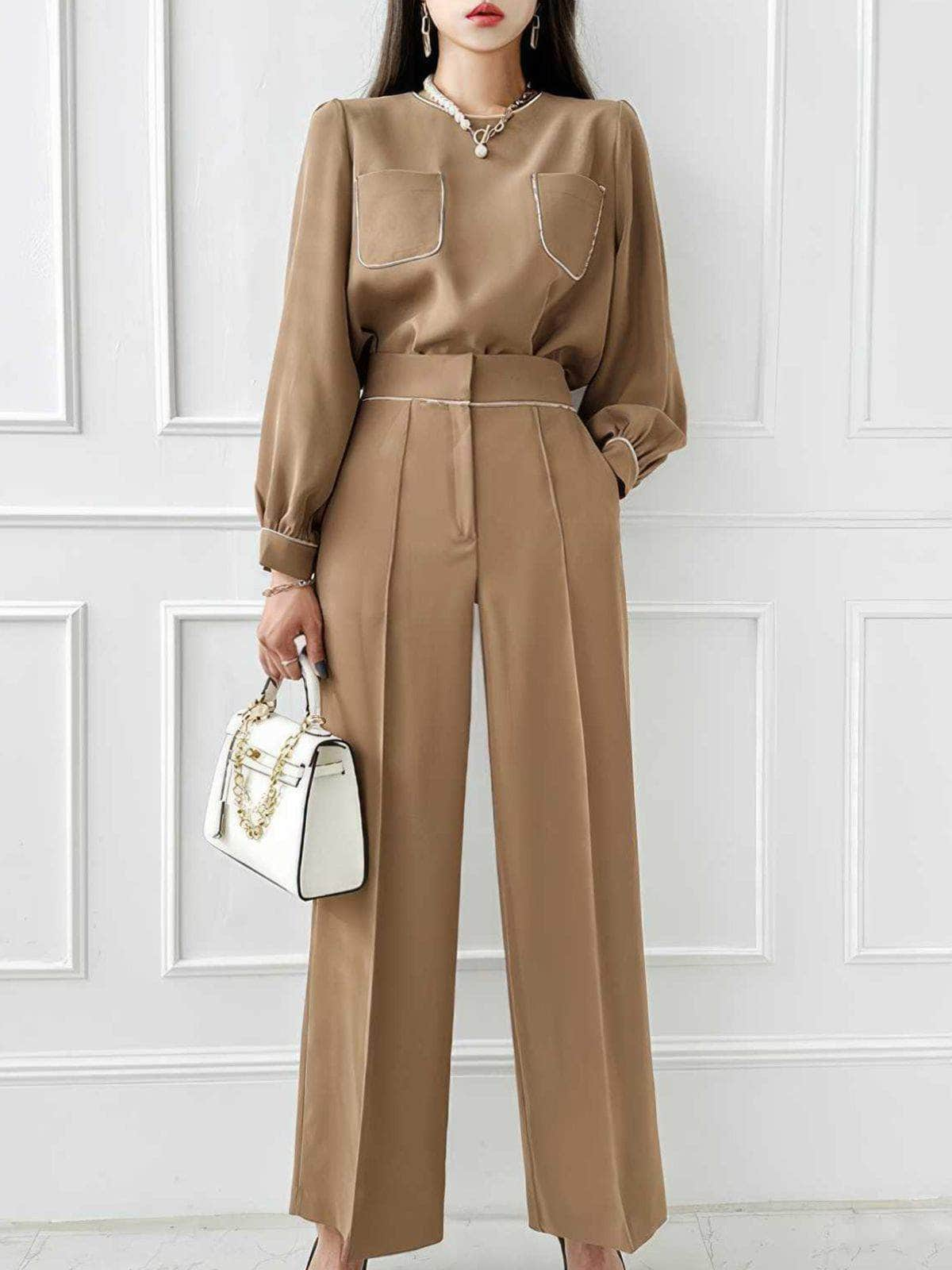 Two-Piece Tailored Pocket Shirt with Wide-Leg Pants