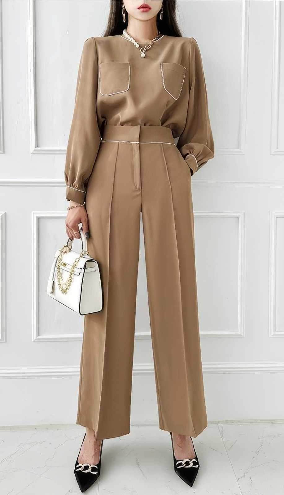 Two-Piece Tailored Pocket Shirt with Wide-Leg Pants