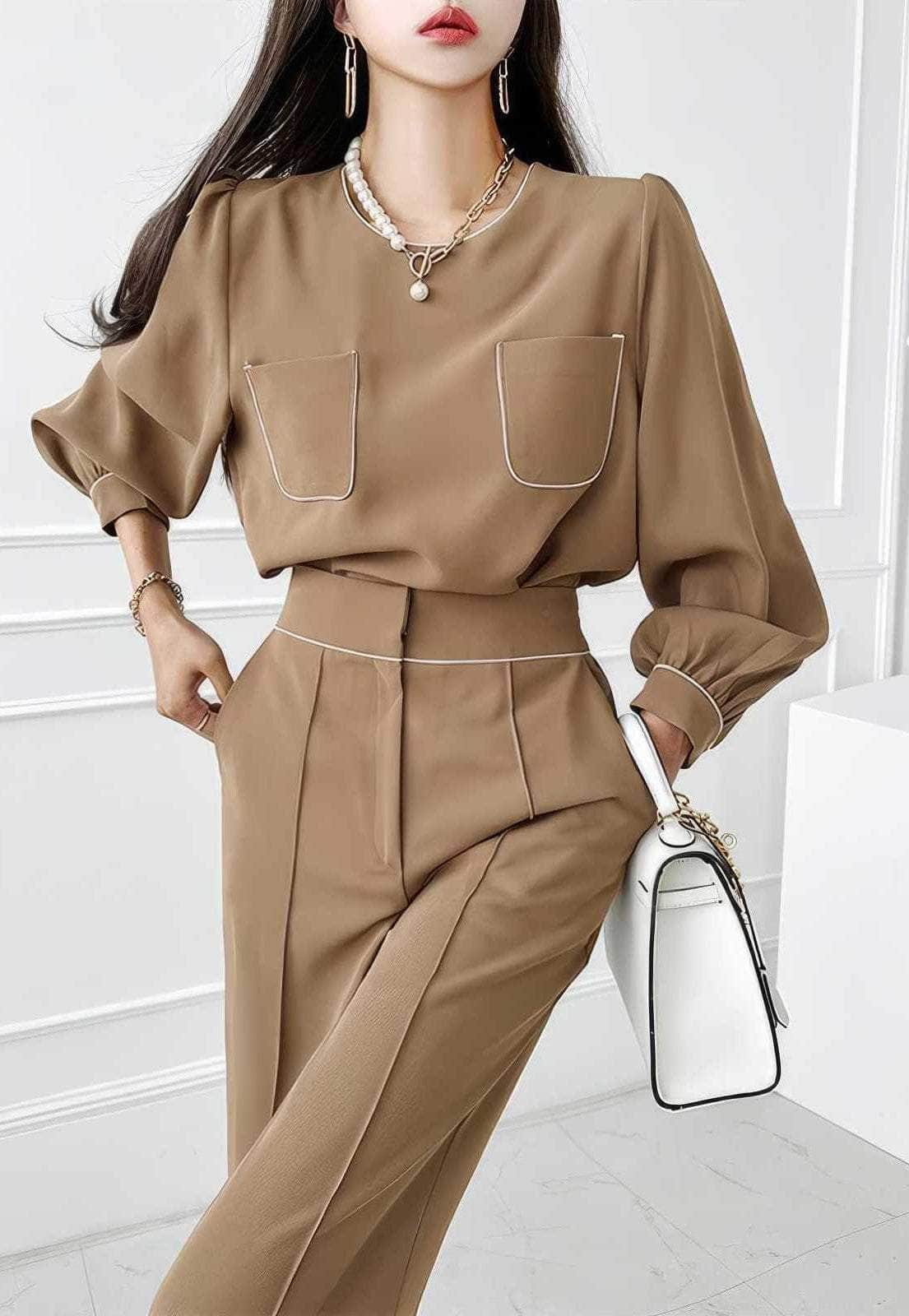 Two-Piece Tailored Pocket Shirt with Wide-Leg Pants