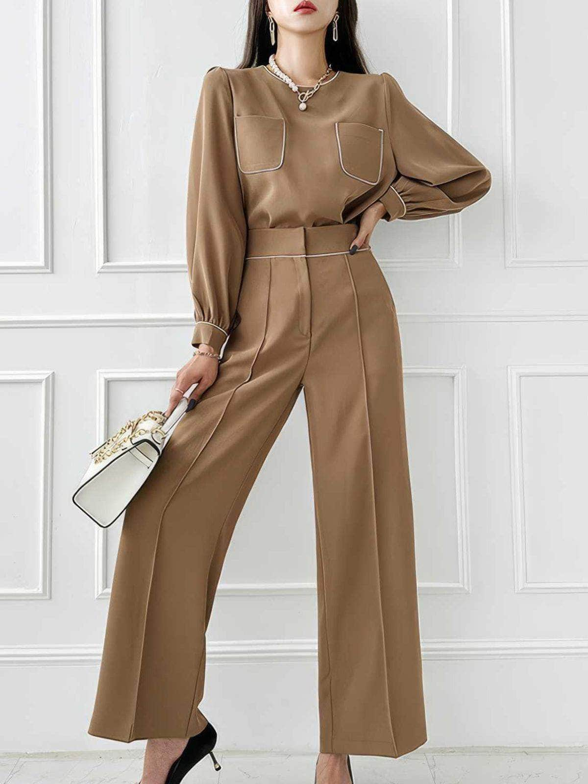 Two-Piece Tailored Pocket Shirt with Wide-Leg Pants S / Tan