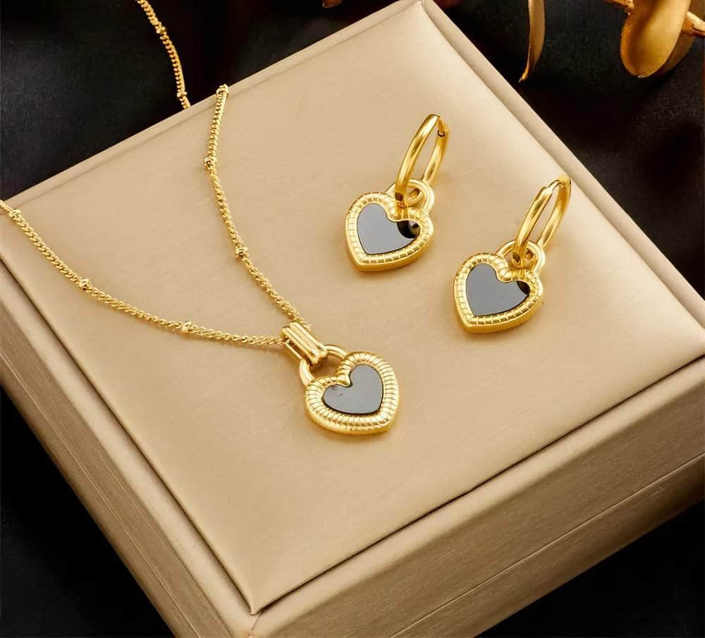 Two-sided Heart Necklace Earrings Set