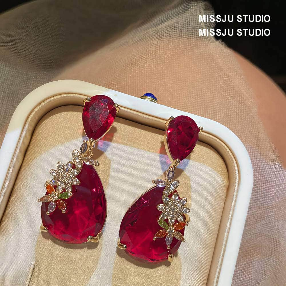 Two Tiered Ruby Crystal Floral Deco Earrings Red