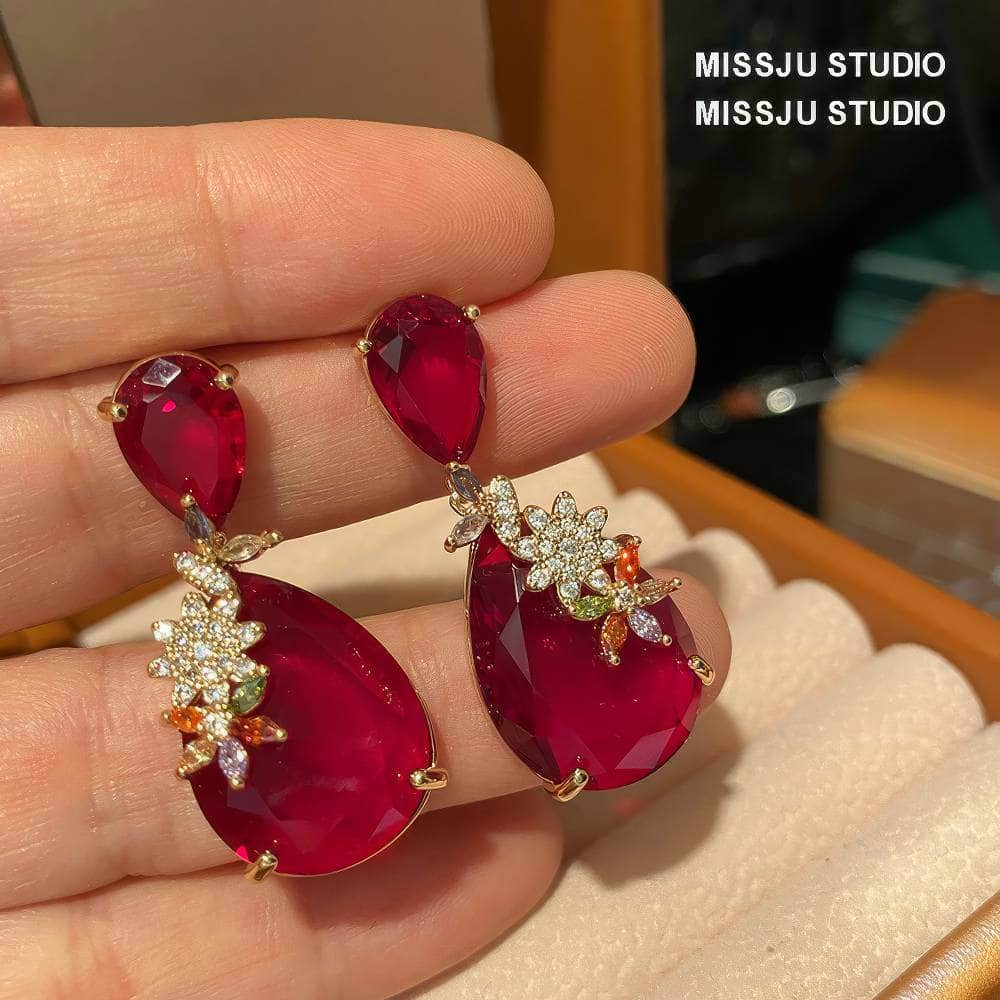 Two Tiered Ruby Crystal Floral Deco Earrings Red