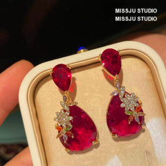 Two Tiered Ruby Crystal Floral Deco Earrings Red