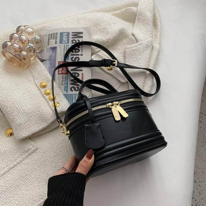 Two-Tone Faux Leather Minimalist Bucket Crossbody Bag Black