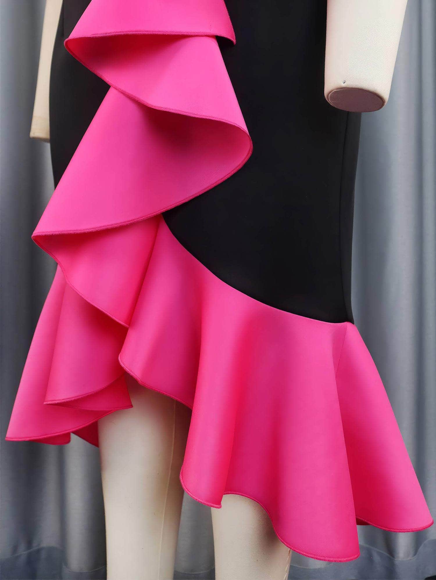 Two-Tone Ruffle Trim Asymmetrical Hem Dress