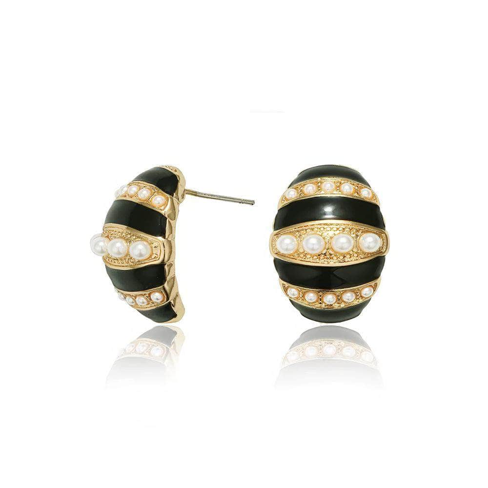 Two-Toned 14K Gold Pearl Embellished Enamel Earrings Black / Clip On