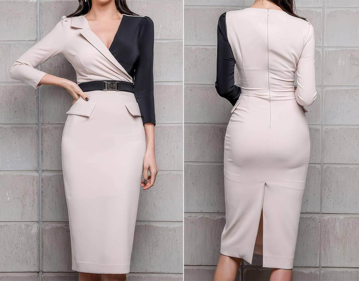 Two-Toned Double Pockets Detail Slim Fit Dress