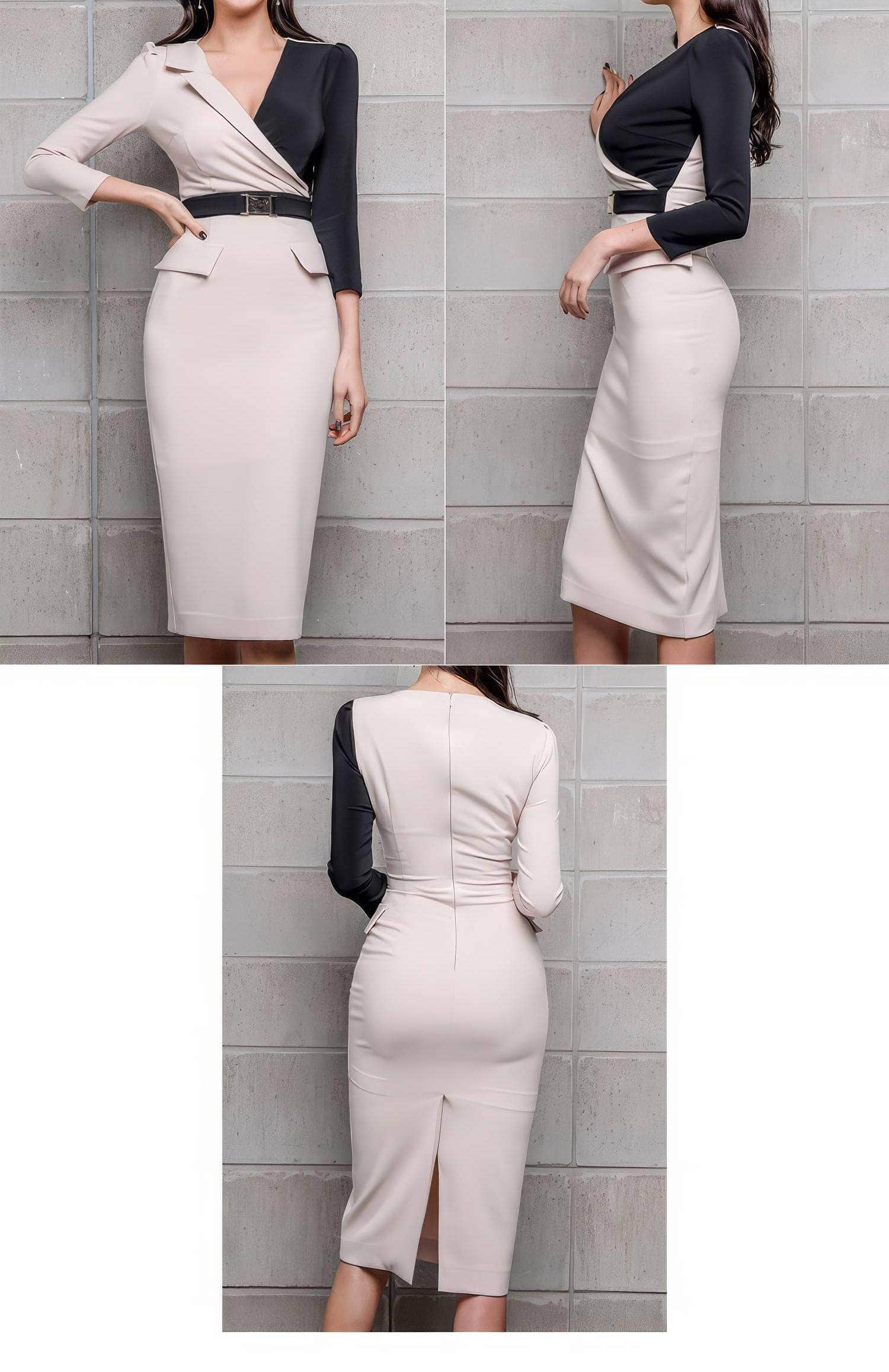 Two-Toned Double Pockets Detail Slim Fit Dress