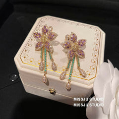 Two-Toned Gemstone Floral Shaped Tassel Gold Earrings Pink