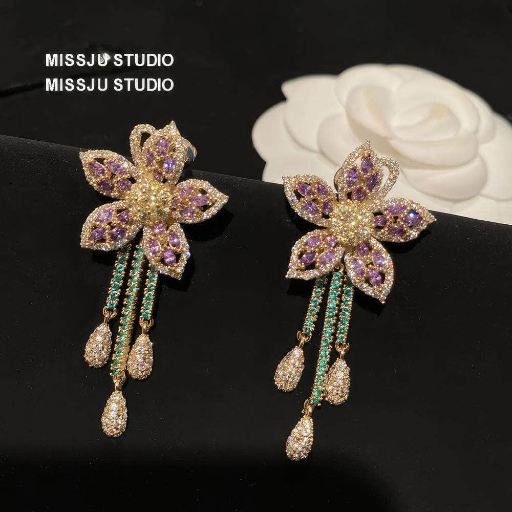 Two-Toned Gemstone Floral Shaped Tassel Gold Earrings Pink